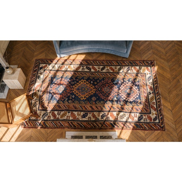 Textile 1900s Blue Navy Geometric Tribal Antique Caucasian Kazak Rug 3'10" X 7' Handknotted Wool Carpet For Sale - Image 7 of 9