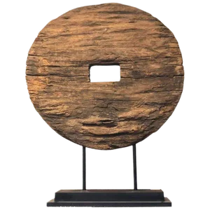 Antique Rustic Mounted Ox Cart Wooden Wheel on Base From Thailand, 19th Century