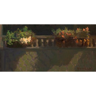Study for "After the Drop Off" by Raymond Bonilla | Oil on panel of flower pots on a balcony For Sale