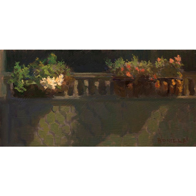 Study for "After the Drop Off" by Raymond Bonilla | Oil on panel of flower pots on a balcony For Sale