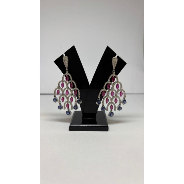 Modern Natural Ruby 4.44cts, Sapphire 2.87cts & Diamond 3.12cts Earring in 14k Gold For Sale - Image 3 of 8