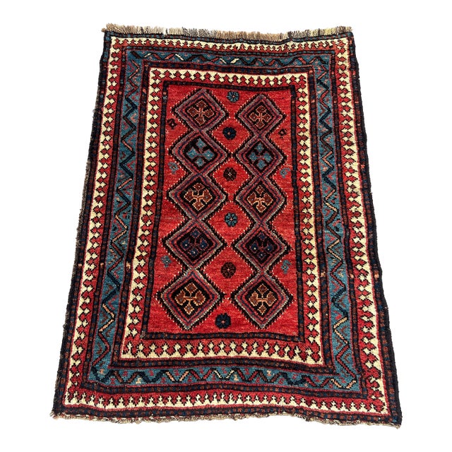 Red Antique Turkish Hand-Knotted Rug – Caucasian Tribal Design, Rare Vintage Wool Rug For Sale