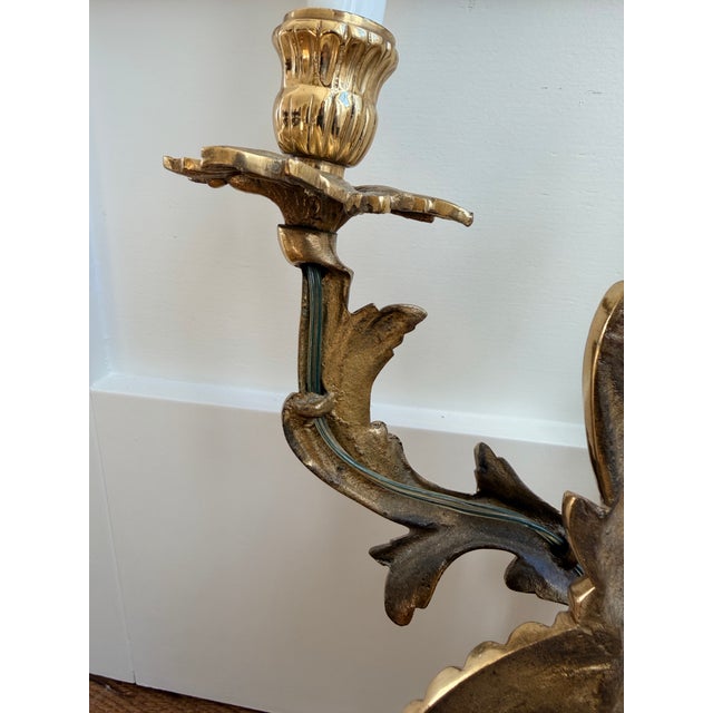 Metal Vintage Gilt Metal Double-Arm Wall Sconces – Louis XV Rococo Style (Pair) For Sale - Image 7 of 12