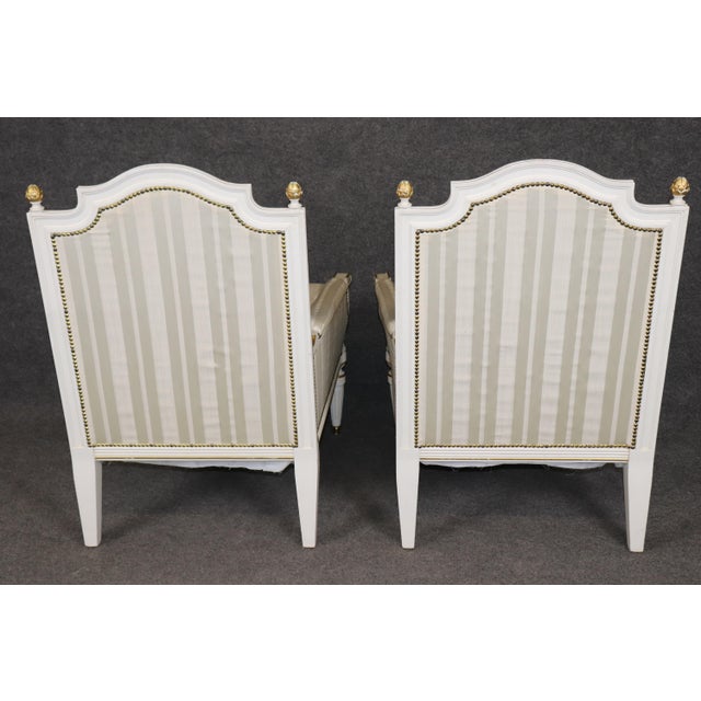 French 19th C Pair Louis XVI Style Creme Painted With Gilt Accent Bergere Chairs For Sale - Image 3 of 14