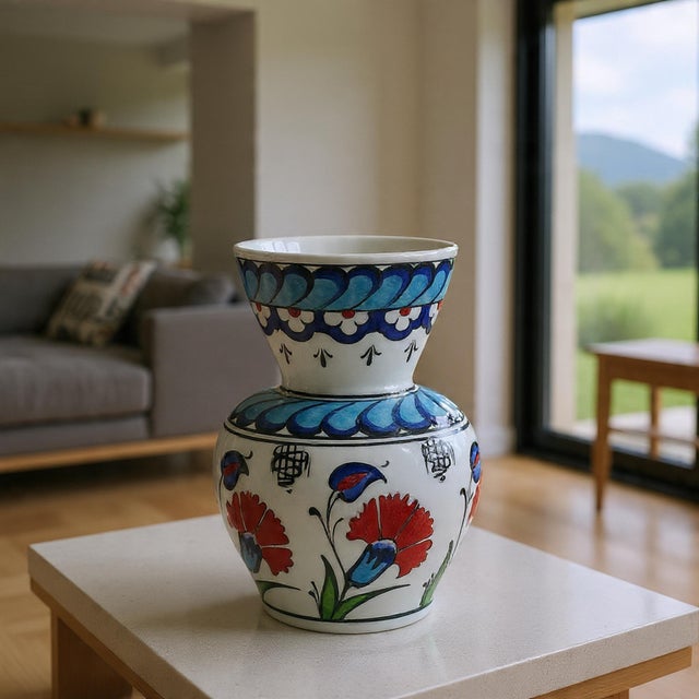 Traditional Hand Painted Ceramic Vase (15cm) Traditional Turkish Carnation Pattern – Classic Flared Neck Bud Vase for Table Decor For Sale - Image 3 of 6