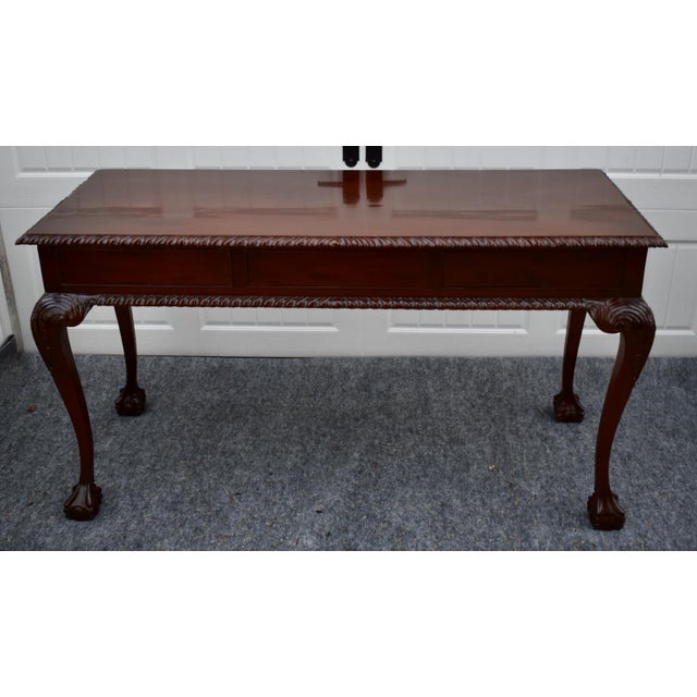 1980s Chippendale Mahogany Writing Console Table Vintage 3 Drawer Ball Claw Foot Sofa For Sale - Image 5 of 15