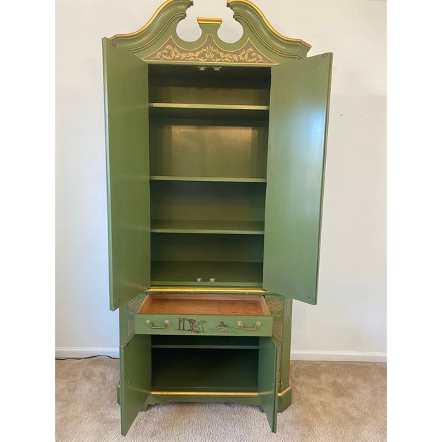 Chinoiserie 1962 Drexel Heritage Hand-Painted Chinoiserie Secretary Cabinet in Green & Gold For Sale - Image 3 of 6