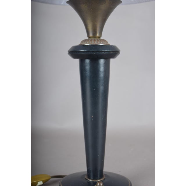 Navy Blue Leather and Brass Table Lamp with Pleated Shade, 1950s For Sale - Image 12 of 18