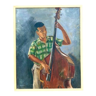 Vintage Original Oil Painting of Bass Player Signed Patty Pease For Sale