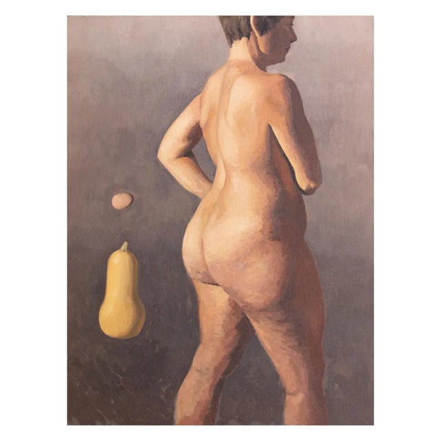 Original oil painting on stretched linen of a woman with floating squash and an egg. The colors are warm neutrals - purple...