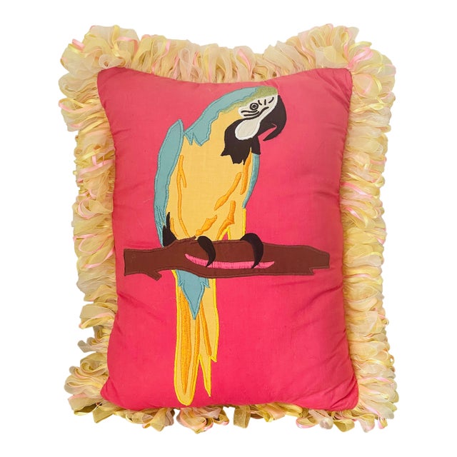 Colourful Vintage Parrot Tropical Pillow For Sale