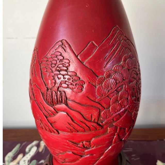 Vintage 12" Hand-Carved Cinnabar Lacquer Vase - Large Landscape & Pine Tree For Sale - Image 4 of 10