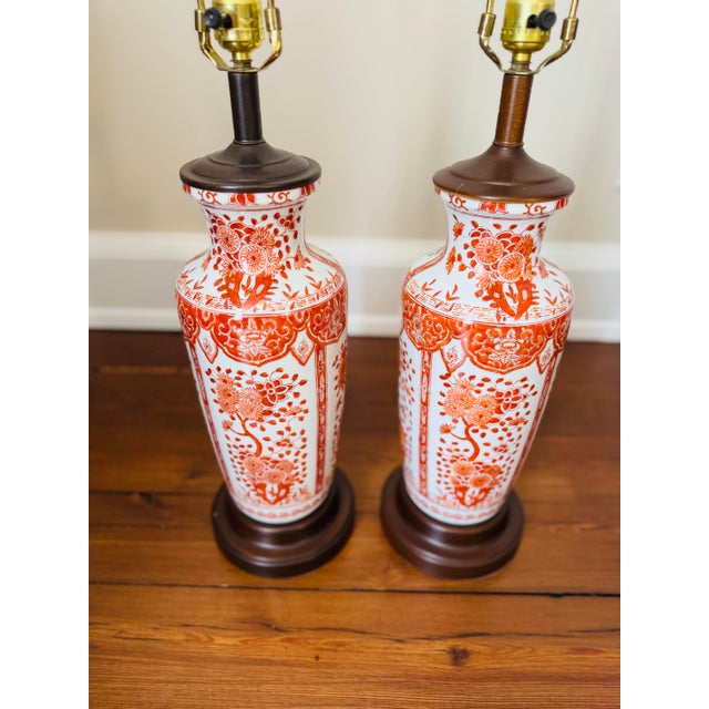 Vintage chinoiserie pair! Asian porcelain lamps with a beautiful red floral design. Great shape and size! Working...