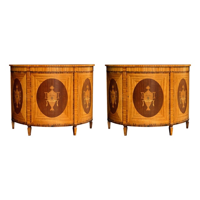 Early Italian Neo-Classical Style Satinwood & Mahogany Inlaid Demilune Cabinets - Pair For Sale