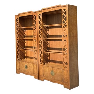 Vintage Boho Thomasville Burl Fretwork Etagere - A Pair For Sale