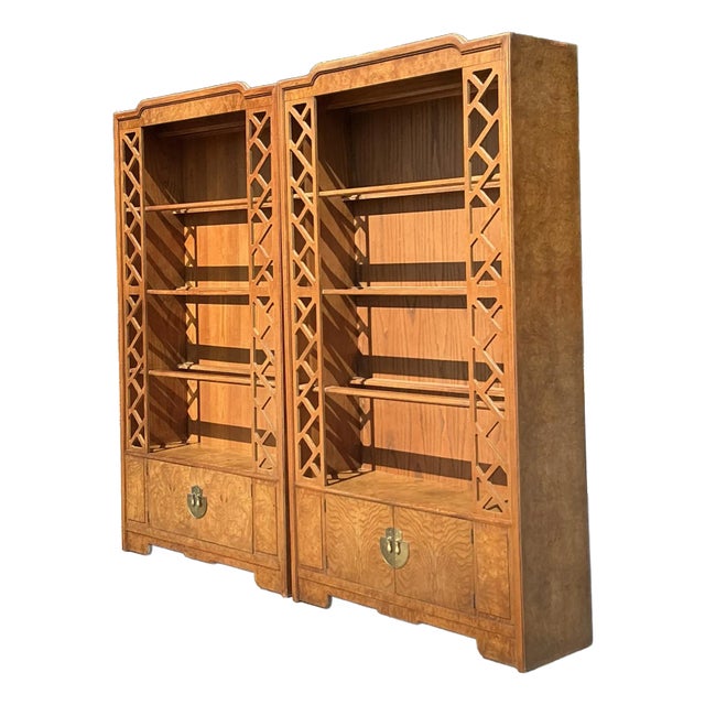 Vintage Boho Thomasville Burl Fretwork Etagere - A Pair For Sale