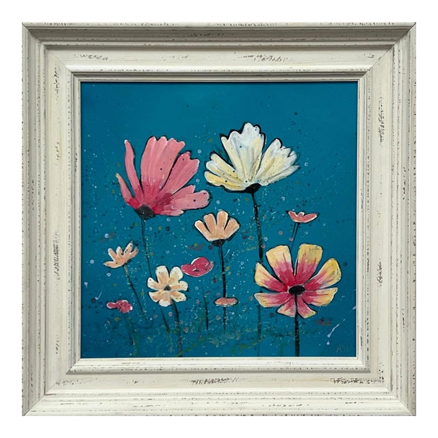 Angela Wakefield Design Study of Wild Pink & White Flowers on Turquoise by Contemporary Artist, 2023 For Sale