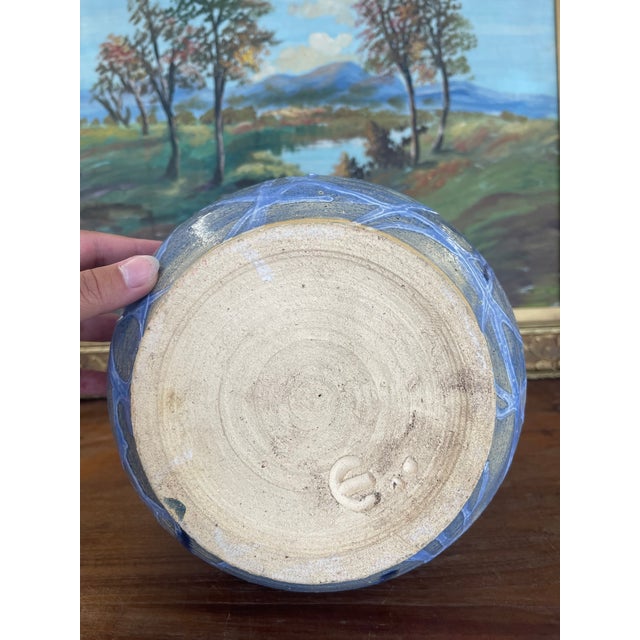 Ceramic Signed Studio Art Pottery Vase With Expressive Blue Drip Glaze and Textured Stoneware Body. For Sale - Image 7 of 8