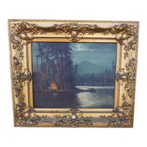 Early 20th Century River Bend Campfire, Oil on Canvas by J. Dupal