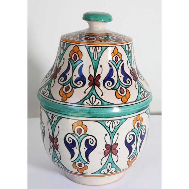 Glazed Moorish Ceramic Covered Jar Handcrafted in Fez Morocco For Sale - Image 9 of 15