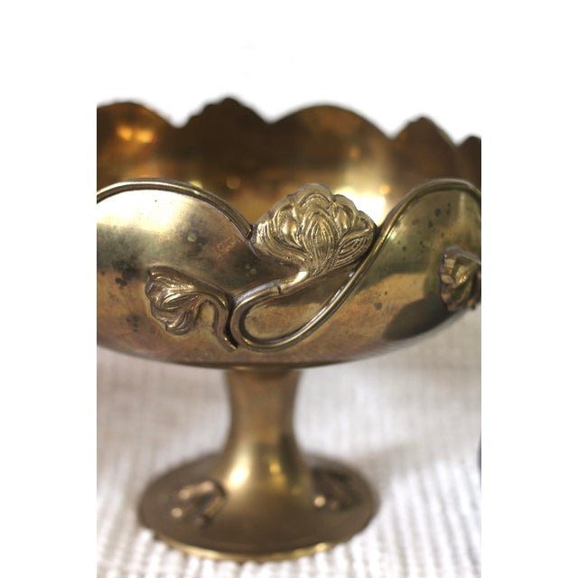 1970s Midcentury Brass Pedestal Bowl With Lotus Flowers For Sale - Image 5 of 11