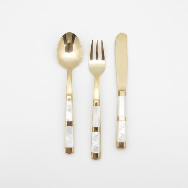 Metal Mother of Pearl & Brass Thailand Flatware Small Spoon Fork & Knife Set of 15 For Sale - Image 7 of 9