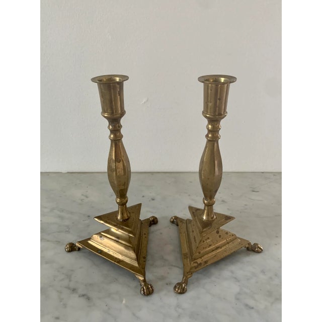 Pair of Neoclassical Brass Paw Foot Candlesticks For Sale - Image 9 of 10