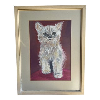 Mid 20th Century Acrylic Painting of White Cat, Framed. For Sale
