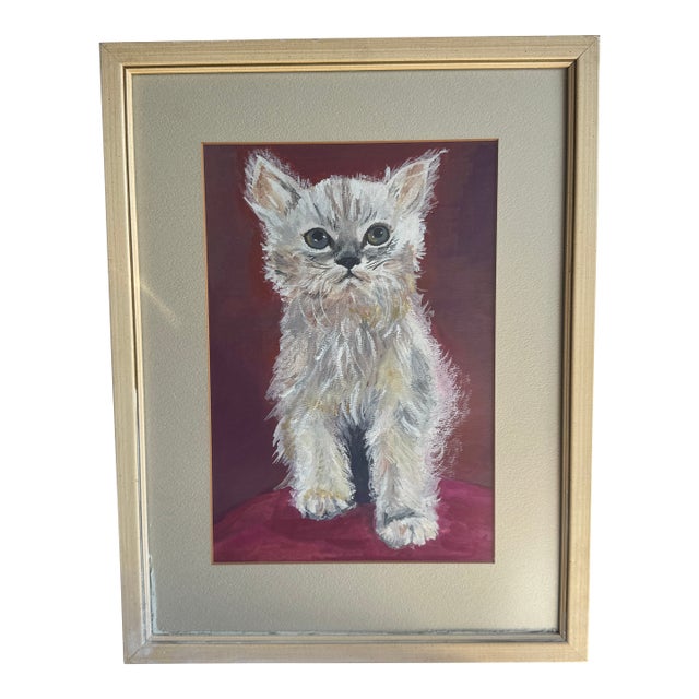 Mid 20th Century Acrylic Painting of White Cat, Framed. For Sale