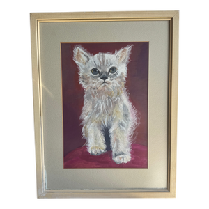 Mid 20th Century Acrylic Painting of White Cat, Framed.