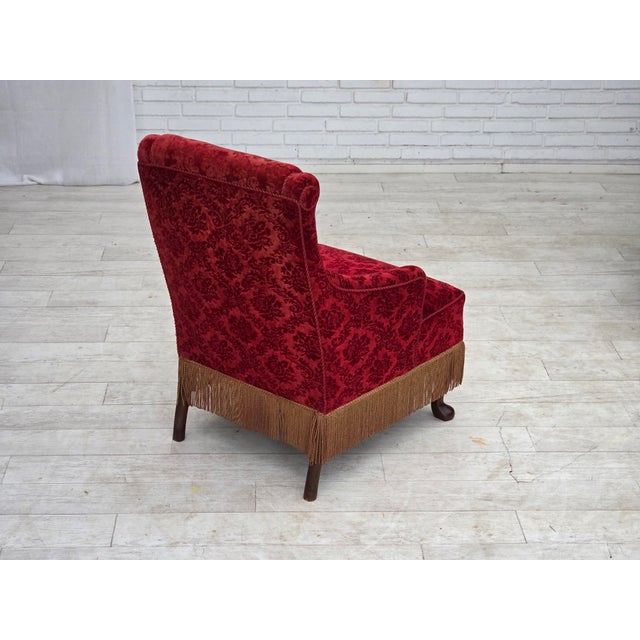 Wood Vintage Danish Oak Armchair with Velour Upholstery, 1950s For Sale - Image 7 of 17