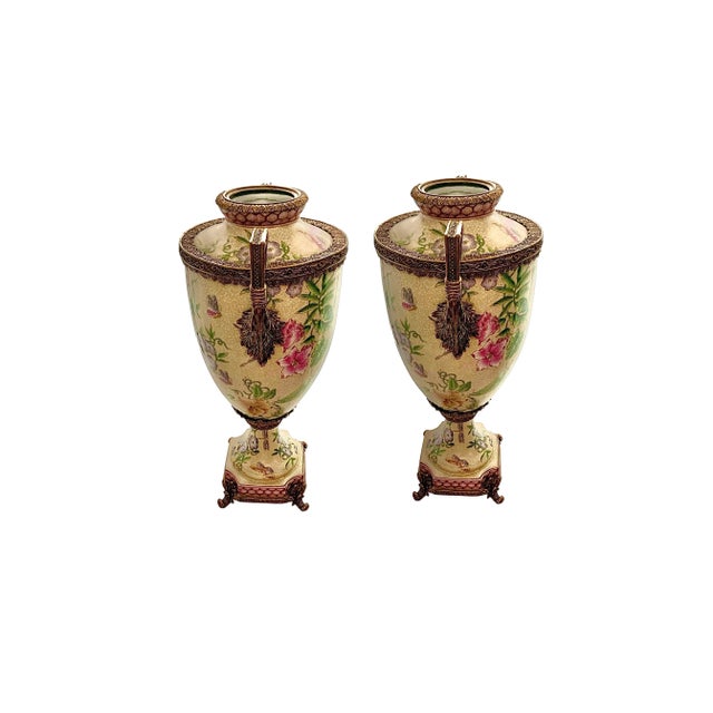 Pair of Late 20th Century Chinoiserie Porcelain Vases With Metal Accents, Botanical Floral, 16.5"h For Sale - Image 4 of 7
