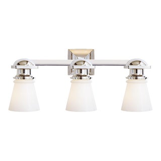 Chapman & Myers for Visual Comfort Signature New York Subway Triple Light in Polished Nickel with White Glass For Sale