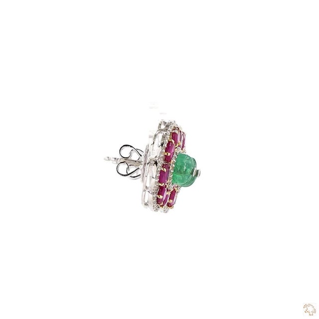 Ruby Red 0.95 Carat Round Brilliant Cut Diamond Emerald Ruby Gold Earrings, Pair For Sale - Image 8 of 9