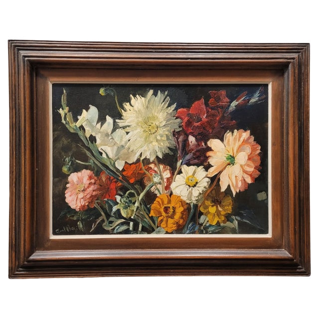 Paul Robert Bazé, Dahlias and Camellias, 1970s, Oil on Board, Framed For Sale