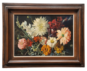 Paul Robert Bazé, Dahlias and Camellias, 1970s, Oil on Board, Framed