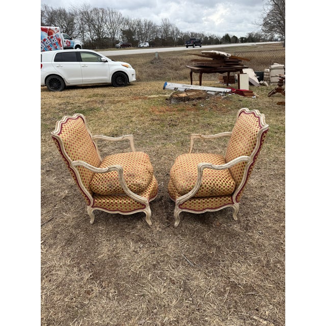 Large Pair of French Louis XV Armchairs from Paris France made of solid Walnut, the wood has the original French paint...