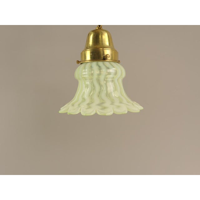 Chandelier made in solid brass. The lampshades are made of rare uranium glass (also known as vaseline glass) in a light...