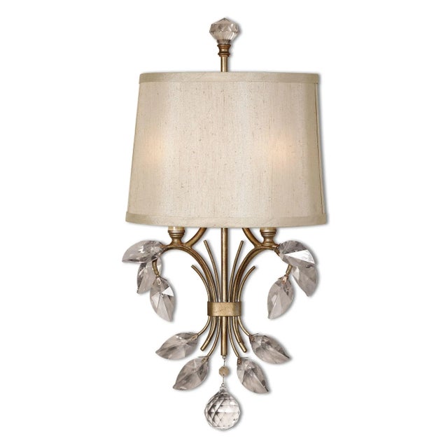 Burnished Gold Metal With Golden Teak Crystal Leaves And A Silken Champagne Fabric Shade With Natural Slubbing. With 2-60...