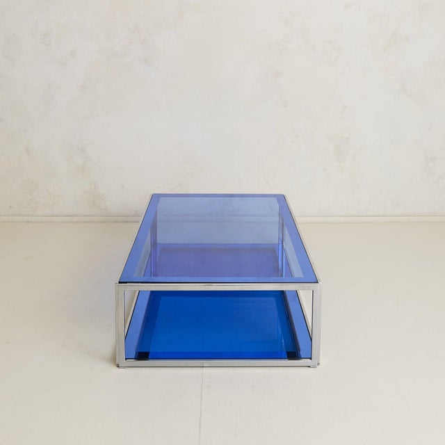 Postmodern Italian Blue Glass + Chrome Coffee Table Attributed to Cristal Arte, 1970s For Sale - Image 3 of 8