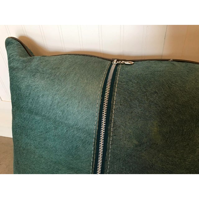 Custom Green Cow Hide Pillow With Leather Piping For Sale - Image 4 of 7