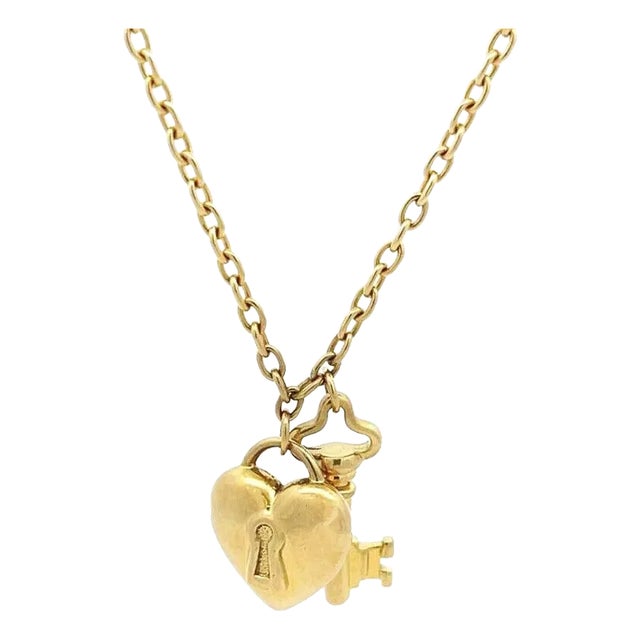 Tiffany & Co.18k Yellow Gold Puff Heart Lock & Key Pendant Necklace For Sale
