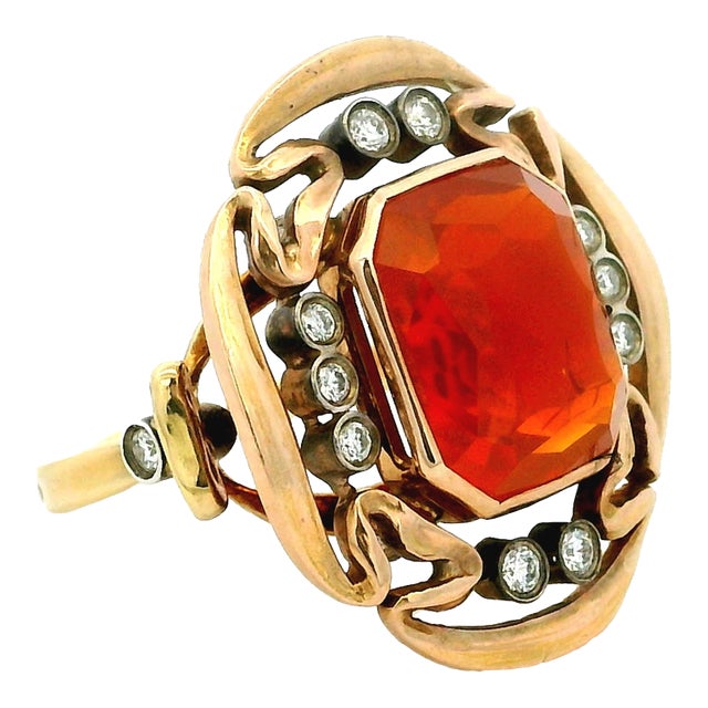 Arthur King & Ilias Lalaounis (Ark & Lj) 18k Gold Fire Opal and Diamond Ring, c.1960s, Size 6.75 For Sale