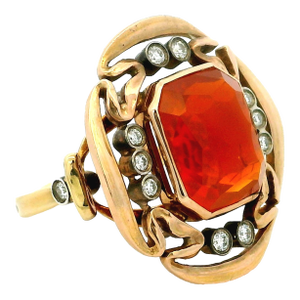Arthur King & Ilias Lalaounis (Ark & Lj) 18k Gold Fire Opal and Diamond Ring, c.1960s, Size 6.75