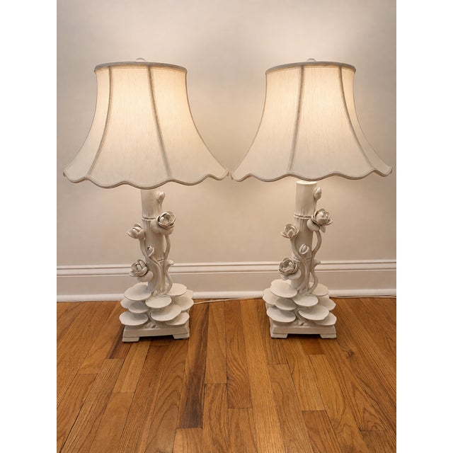 Ceramic Mid 20th Century Italian Ceramic Faux Bamboo & Lotus Flower Table Lamps - A Pair For Sale - Image 7 of 17