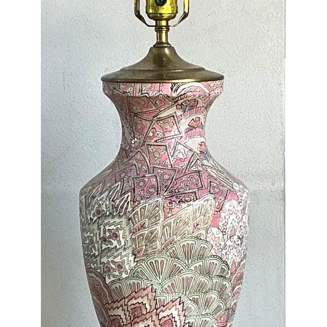 Vintage Regency Glazed Ceramic Peacock Feathers Lamp For Sale - Image 4 of 6