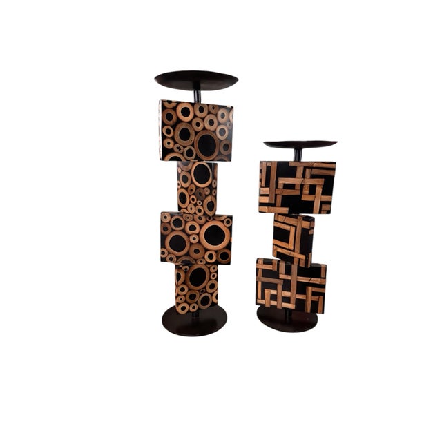 Pair of R & Y Augousti Bamboo & Black Candle Holder Pricket Taller 16” tall x 5” wide Shorter 12.5” tall x 5” wide The...