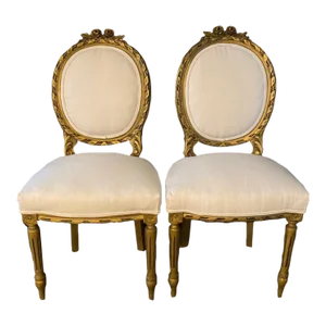 French Louis XVI Style Carved & Painted Bergere Giltwood Chairs -A Pair