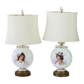 Antique French Josef Ahne Opaline Glass Portrait Pillow Table Lamps - a Pair For Sale