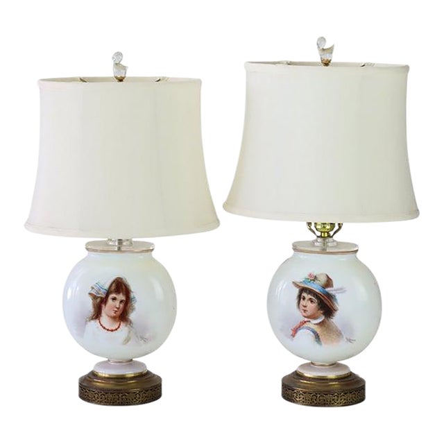 Antique French Josef Ahne Opaline Glass Portrait Pillow Table Lamps - a Pair For Sale